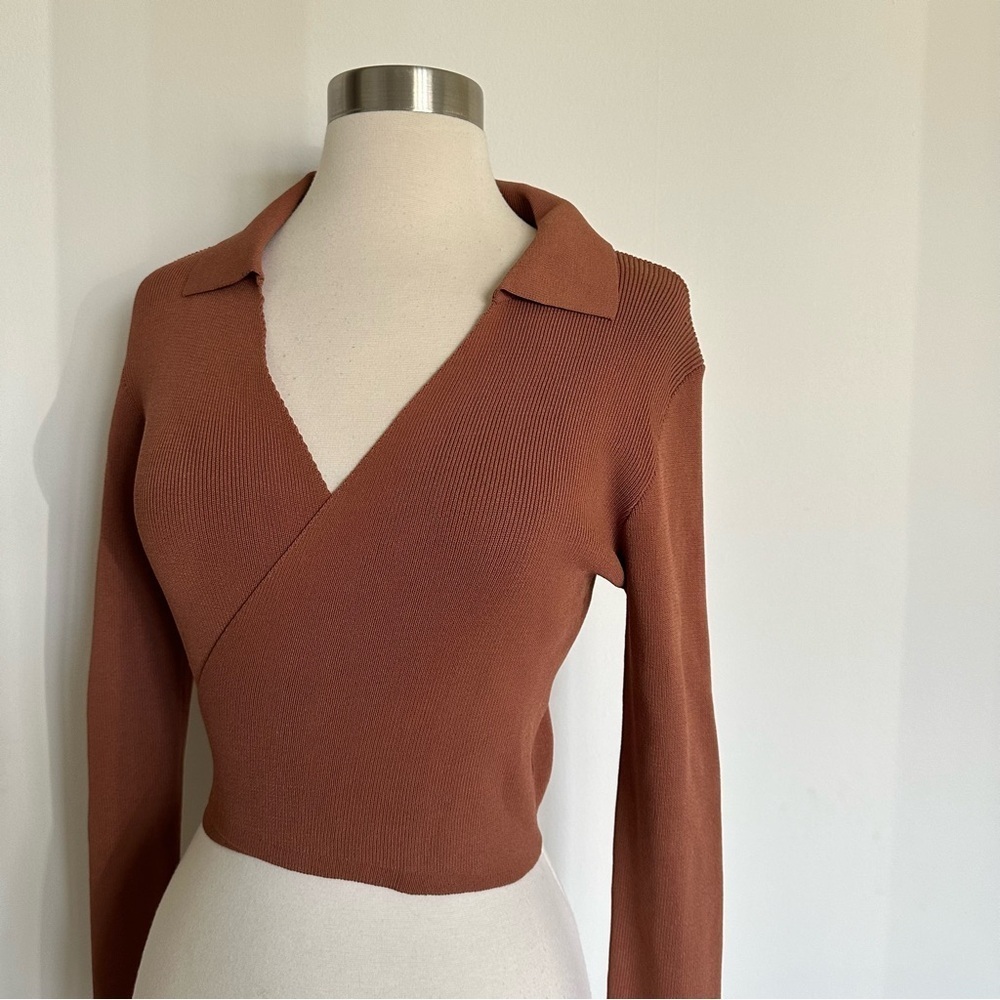 New NWOT Meshki Knit Wrap Tie Long Sleeve Top Sweater Collared M